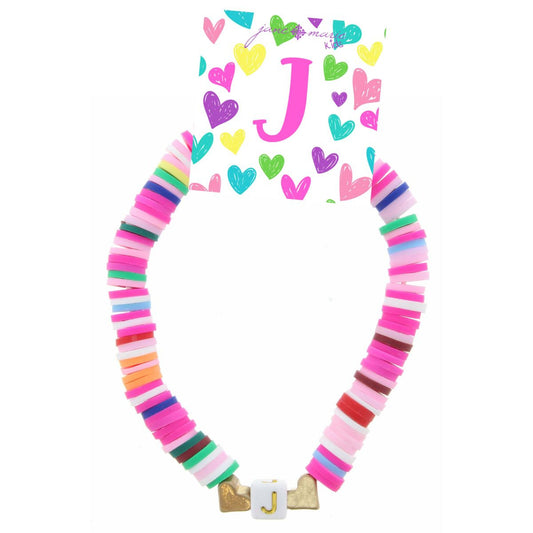 Kid's Multi Rubber Disk Beaded Stretch with White Block "J" Initial Bracelet