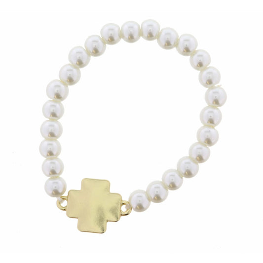 Kid's Pearl Stretch with Gold Square Cross Bracelet