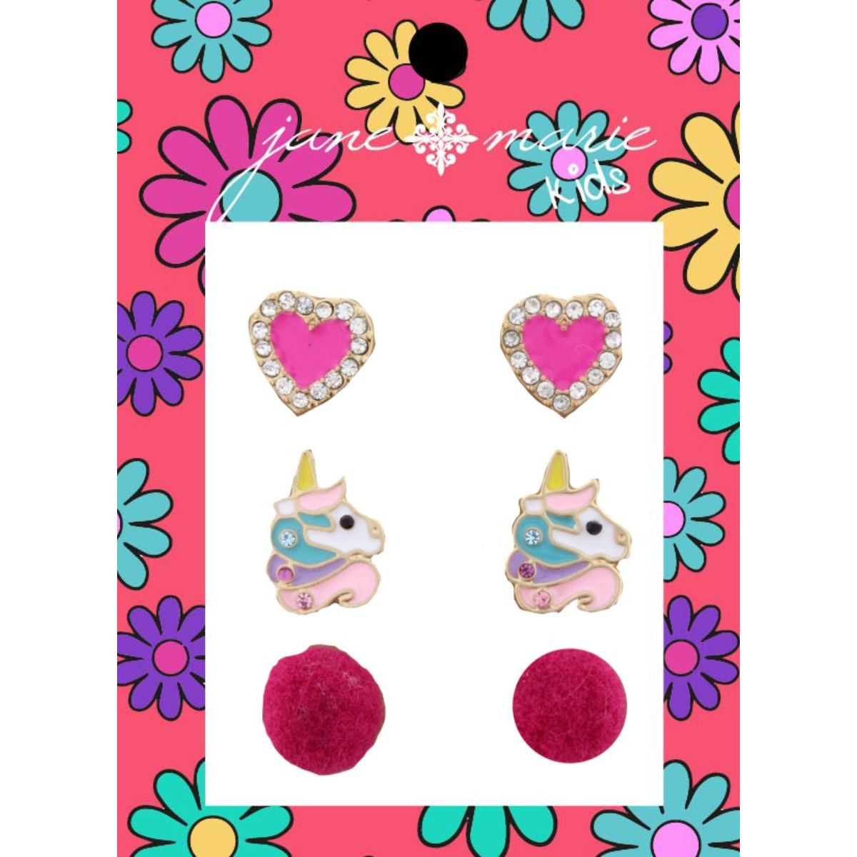 Kid's Pink Heart with Crystal Outline, Unicorn Head, Pink Pom Earrings