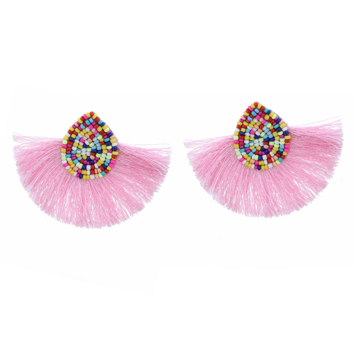 Multi Seed Bead Teardrop with Pink Tassel Fringe Earrings