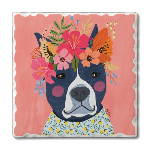 Single Tile Coaster – Floral Pets-Pit Bull