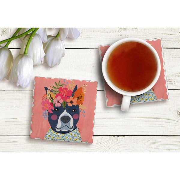Single Tile Coaster – Floral Pets-Pit Bull