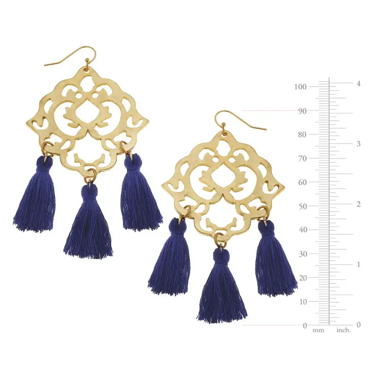 Susan Shaw Gold Filigree with Navy Tassel Earrings