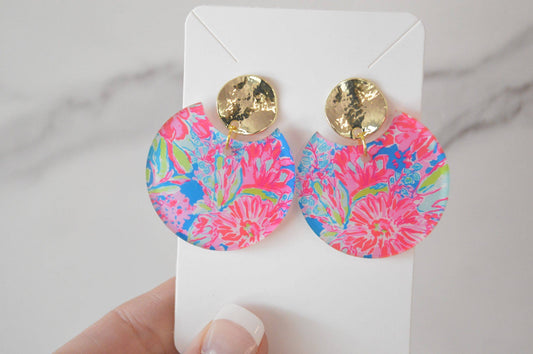 Preppy Bright Pink & Blue Colorful Notched Circle Earrings