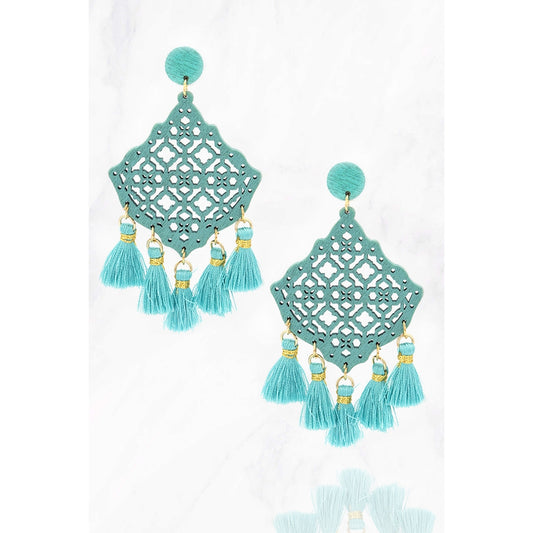 Cutout Wood Earrings With Tassel- Turquoise