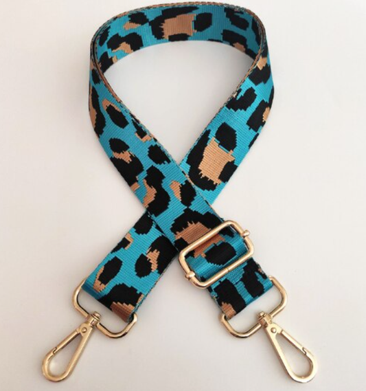 1.5" Adjustable Embroidered Bag Strap - Aqua Leopard Print