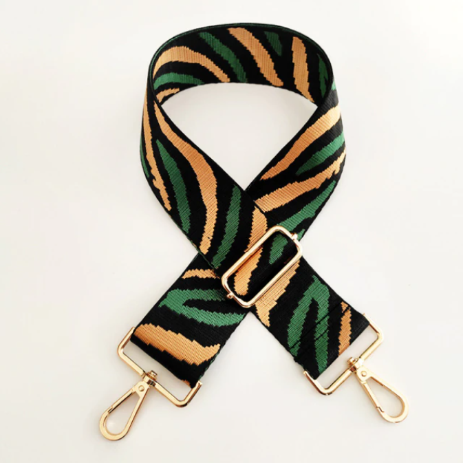 2" Adjustable Embroidered Bag Strap - Apricot and Emerald Tiger Stripes