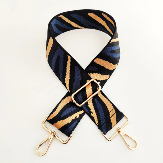 2" Adjustable Embroidered Bag Strap - Apricot and Navy Tiger Stripes