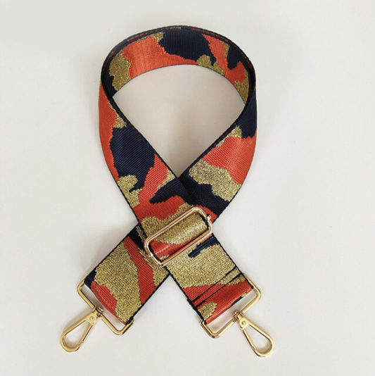 1.5" Adjustable Embroidered Bag Strap -Bright Orange with Gold Camo