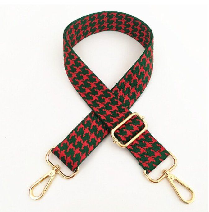 1.5" Adjustable Embroidered Bag Strap - Ruby and Emerald Houndstooth