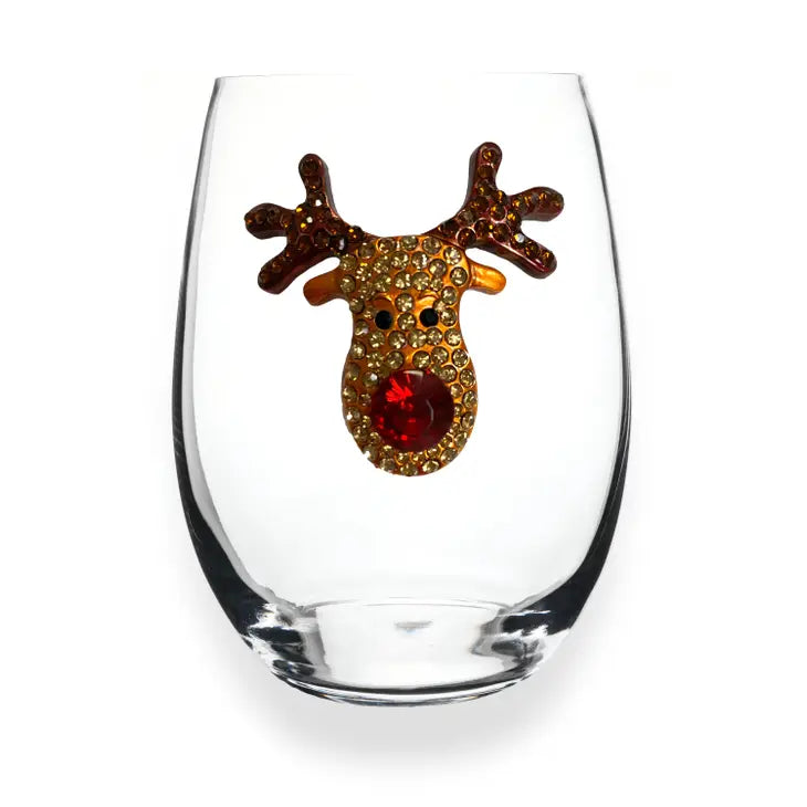 Rudolph Red Nose Reindeer Jeweled Stemless Wine Glass