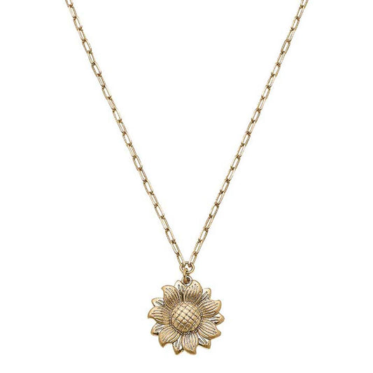 Juno Sunflower Charm Necklace in Worn Gold