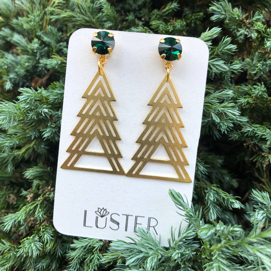 Brass Holiday Tree Dangle Statement Earrings