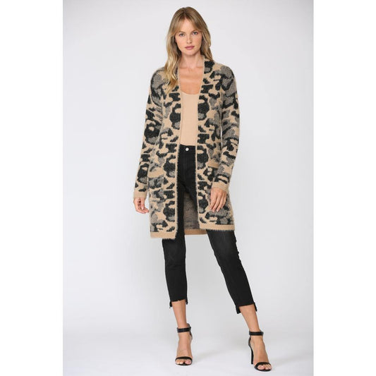 Leopard Fuzzy Knit Cardigan- Grey/Black - Pink Julep Boutique