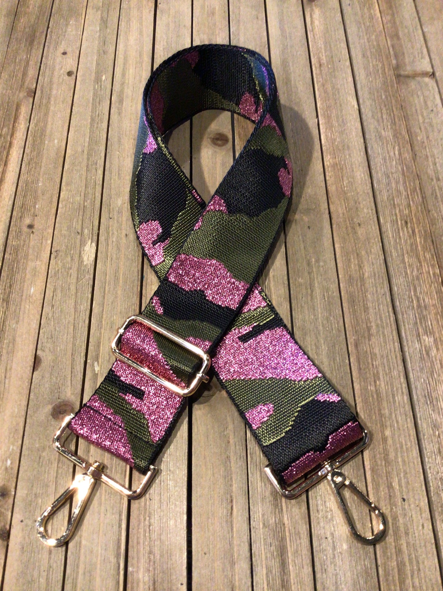 2" Adjustable Embroidered Bag Strap - Metallic Hot Pink, Black, And Olive Green Camo