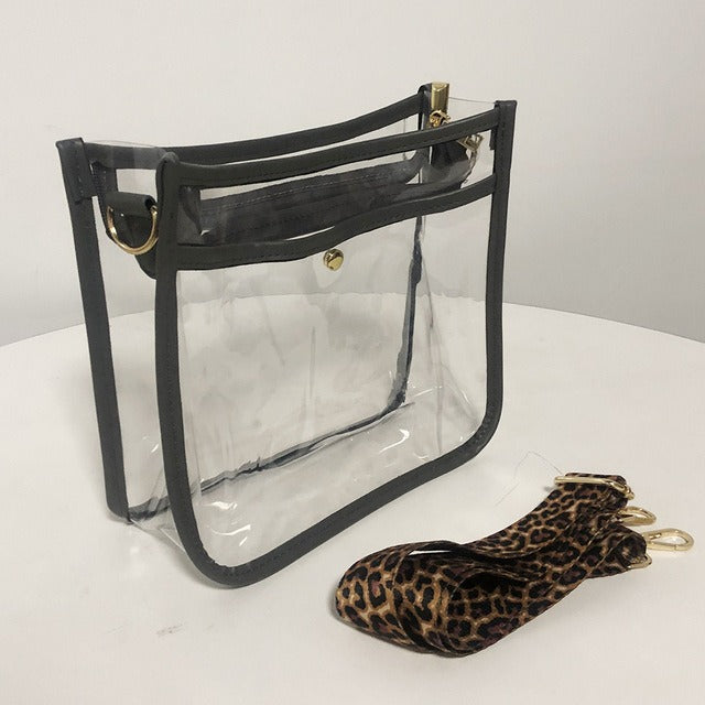 Clear Stadium Crossbody Bag With Leopard Strap- Gray